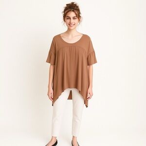Desheng Tunic Top Oversized Taupe V Neck Ruffled Sleeves, Size M/L